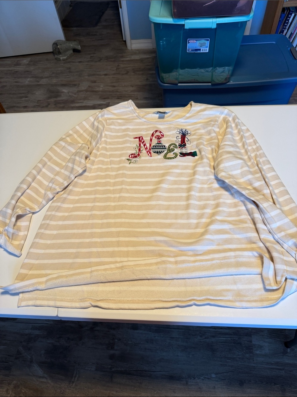 CJ Banks Cream & White Striped Long-Sleeve Tee with Colorful Embroidery